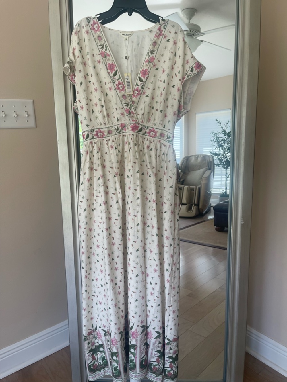Floral V-Neck Empire Waist Dress — Pink on Cream